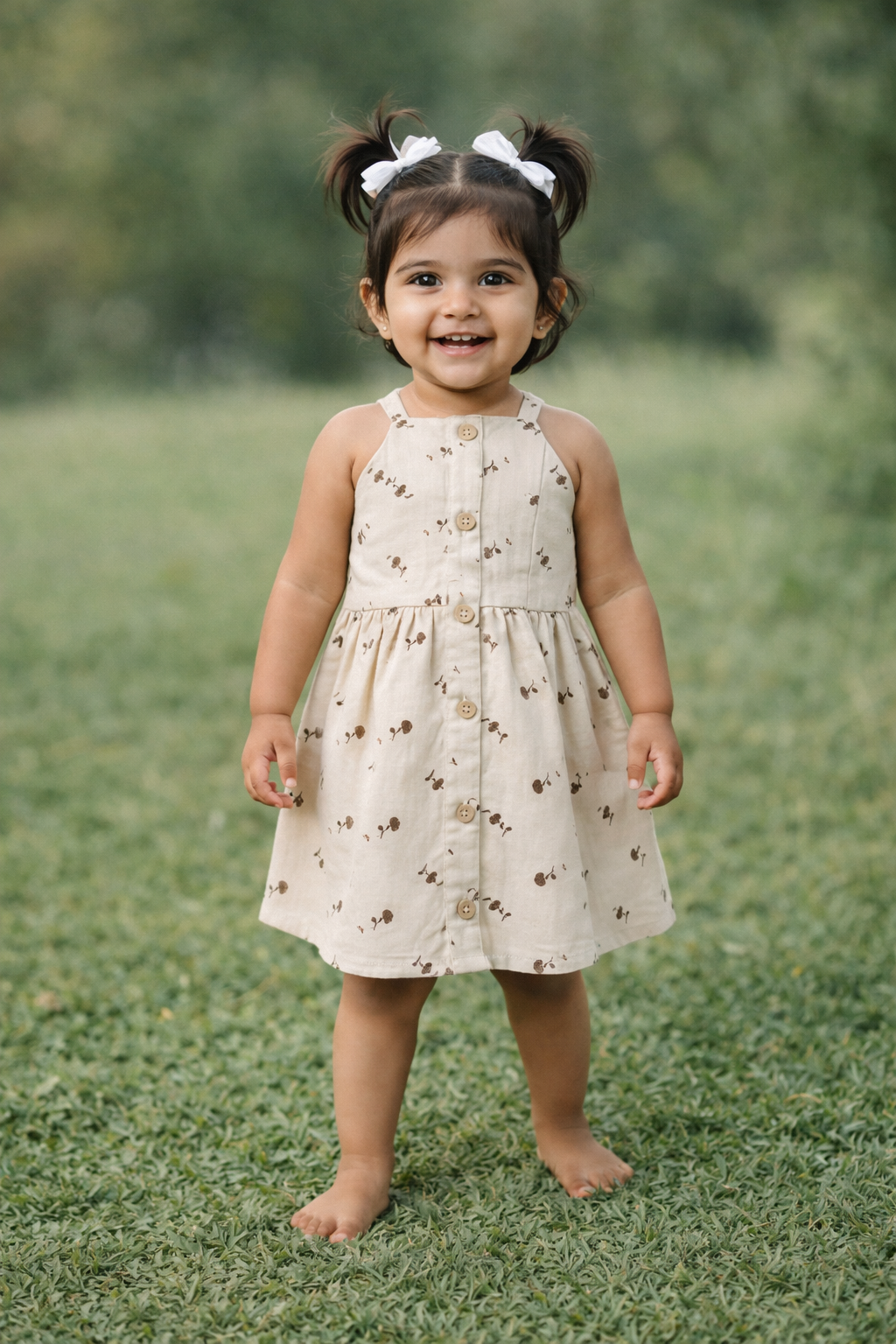 Girls White Sleeveless Cotton Button-Down Frock