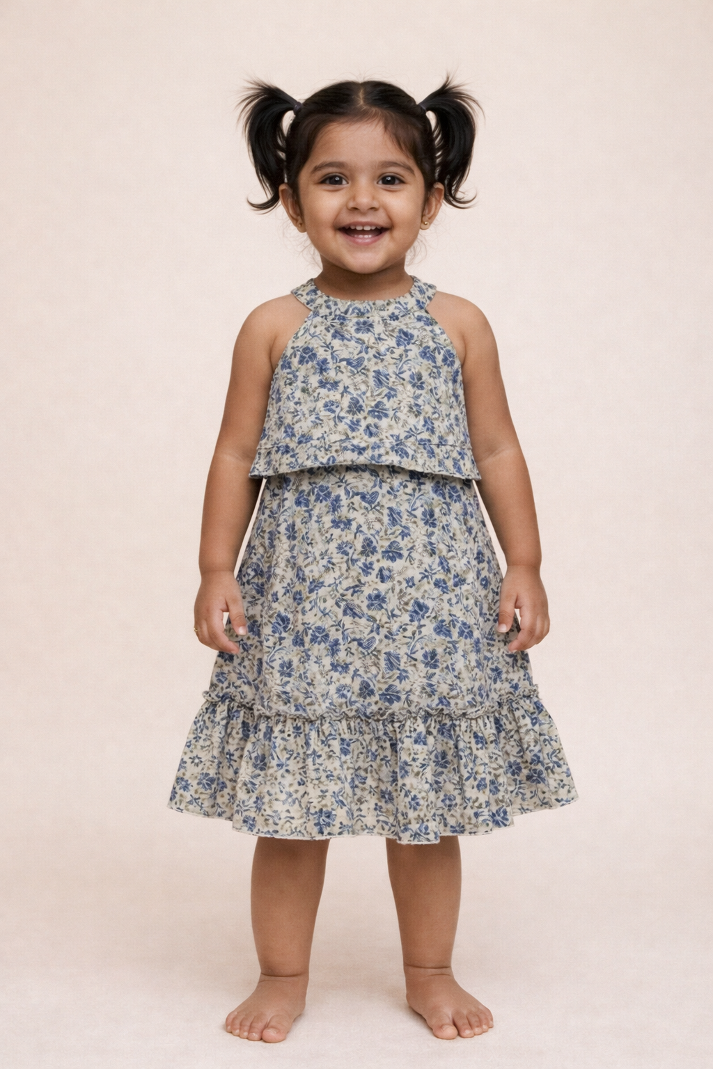 Girls Blue Floral Halter Neck Cotton Frock
