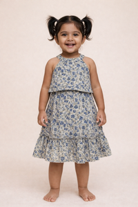 Girls Blue Floral Halter Neck Cotton Frock