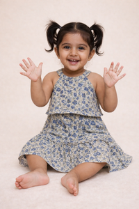 Girls Blue Floral Halter Neck Cotton Frock