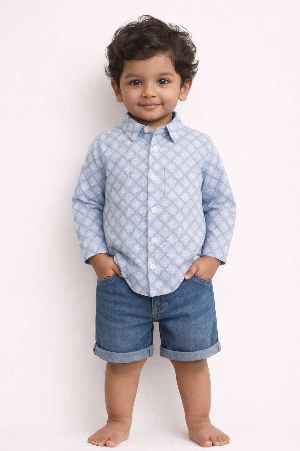 Boys White Geometric Grid Cotton Shirt (Full Sleeve)