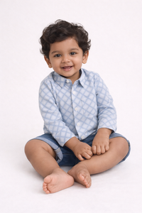 Boys White Geometric Grid Cotton Shirt (Full Sleeve)