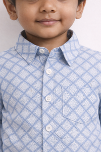 Boys White Geometric Grid Cotton Shirt (Full Sleeve)
