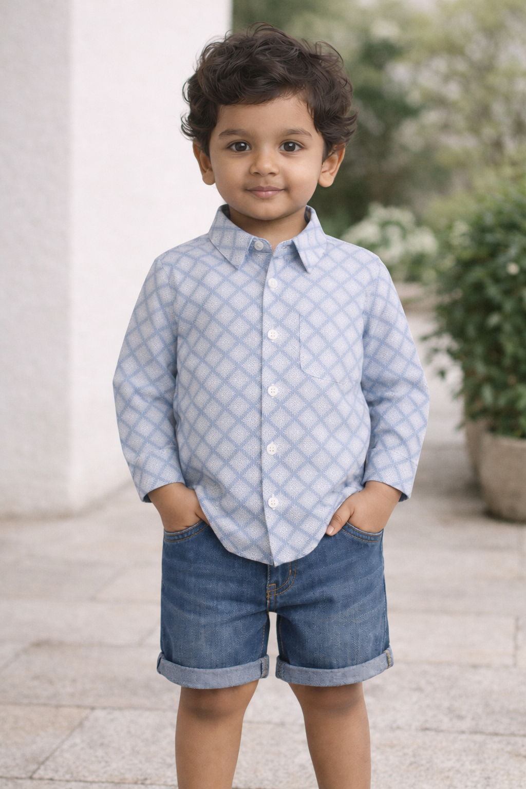 Boys White Geometric Grid Cotton Shirt (Full Sleeve)