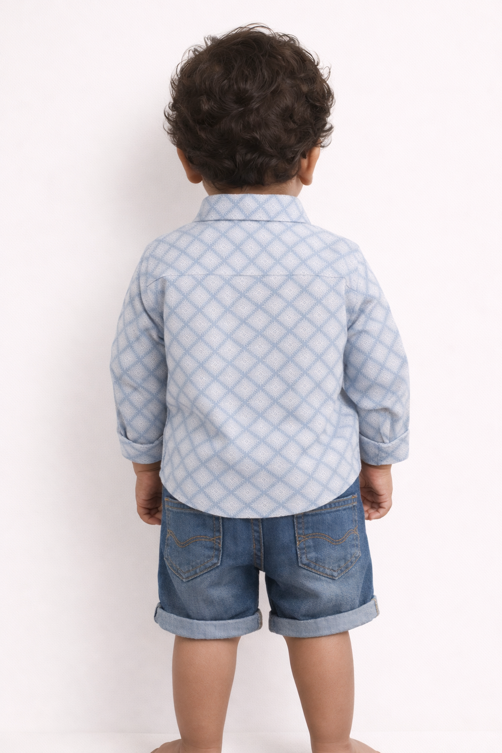 Boys White Geometric Grid Cotton Shirt (Full Sleeve)