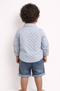 Boys White Geometric Grid Cotton Shirt (Full Sleeve)