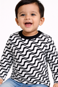 Boys Black & White Wave Print Full Sleeve T-Shirt