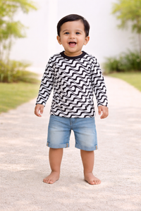 Boys Black & White Wave Print Full Sleeve T-Shirt