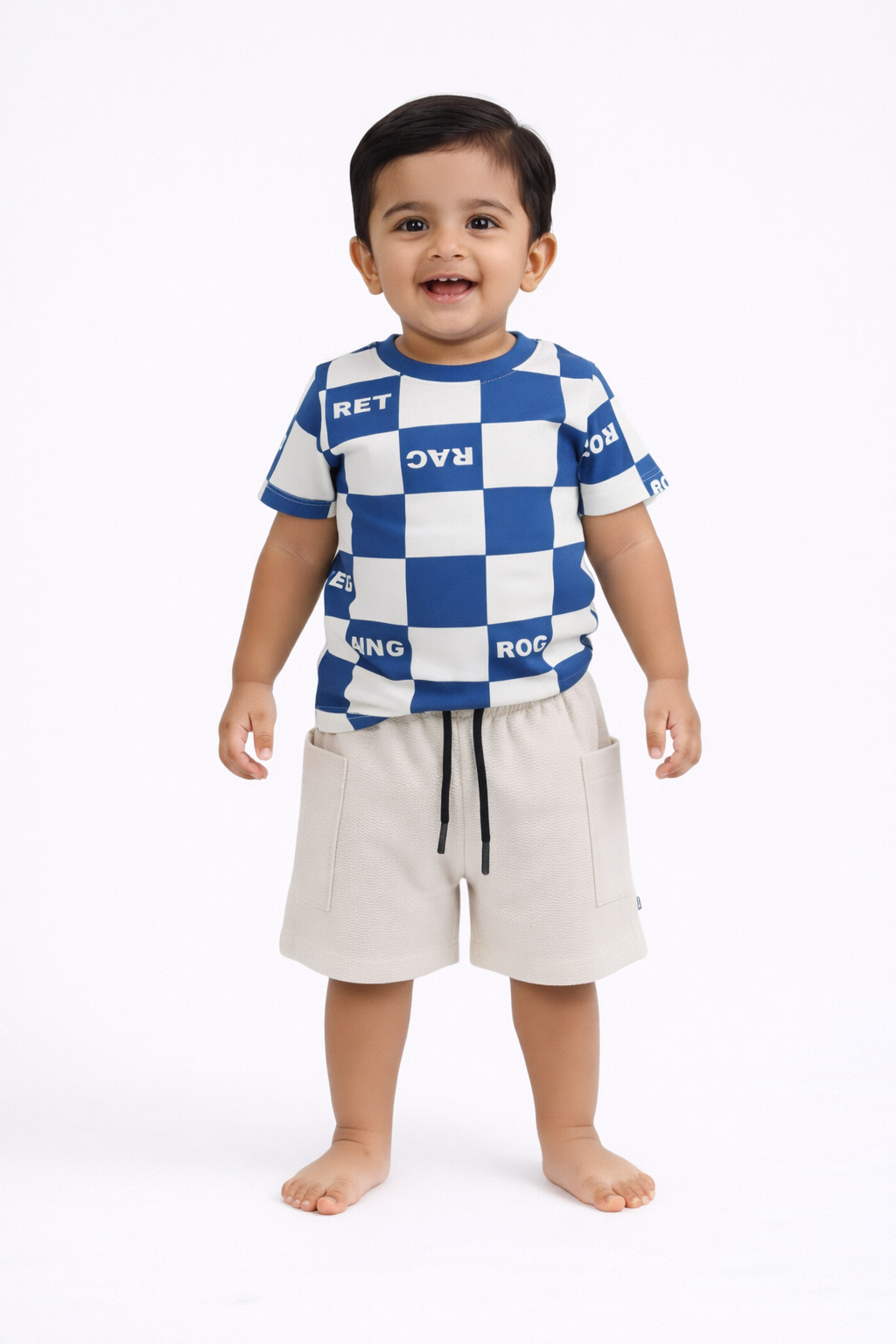 Boys Blue Racing T-Shirt & Beige Cargo Shorts Set