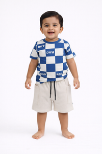 Boys Blue Racing T-Shirt & Beige Cargo Shorts Set