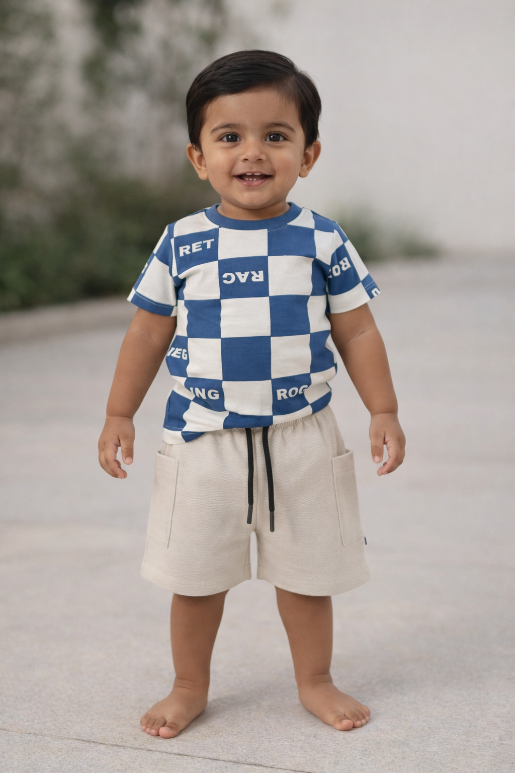 Boys Blue Racing T-Shirt & Beige Cargo Shorts Set