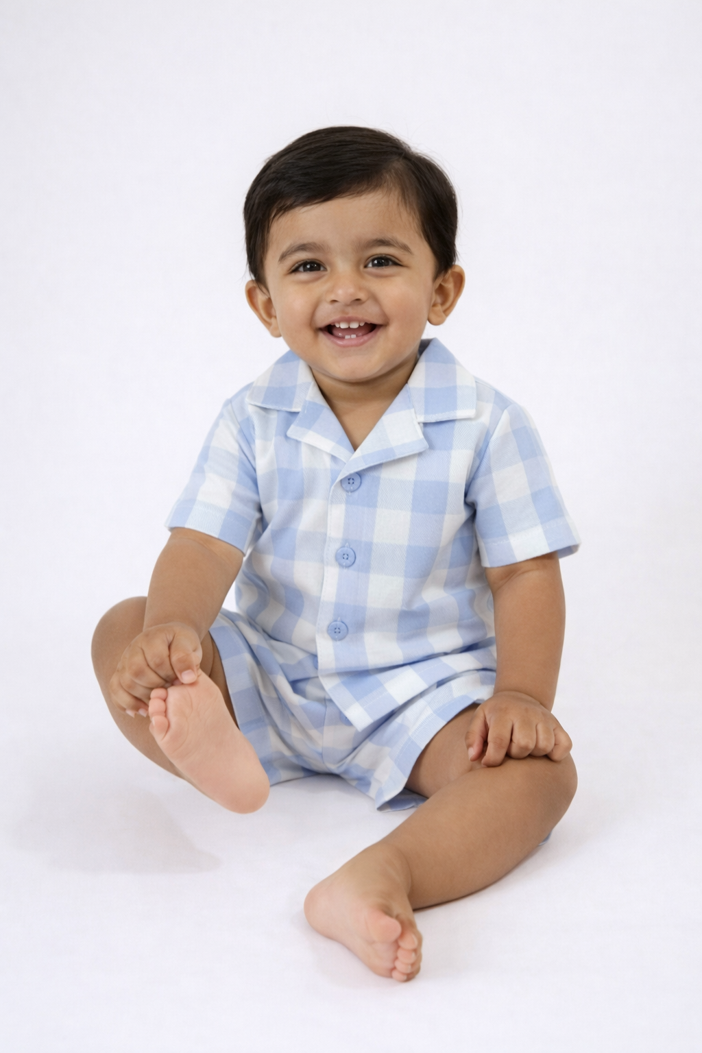 Boys Light Blue Gingham Shirt & Shorts Co-Ord Set