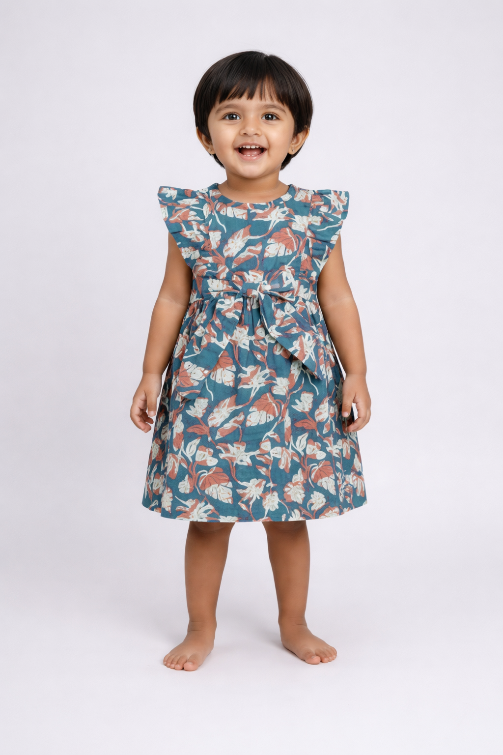 Girls Teal Blue Tropical Print Flutter Sleeve Frock