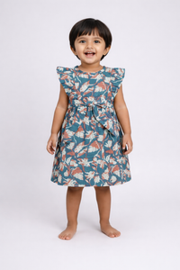 Girls Teal Blue Tropical Print Flutter Sleeve Frock