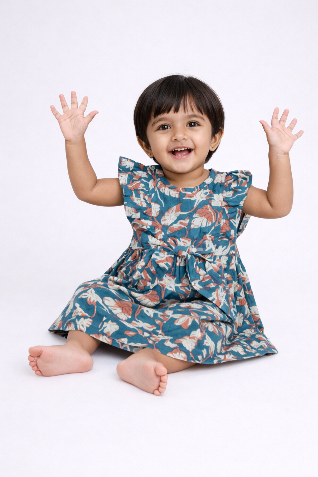 Girls Teal Blue Tropical Print Flutter Sleeve Frock