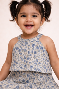 Girls Blue Floral Halter Neck Cotton Frock