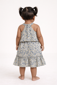 Girls Blue Floral Halter Neck Cotton Frock