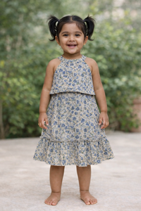 Girls Blue Floral Halter Neck Cotton Frock