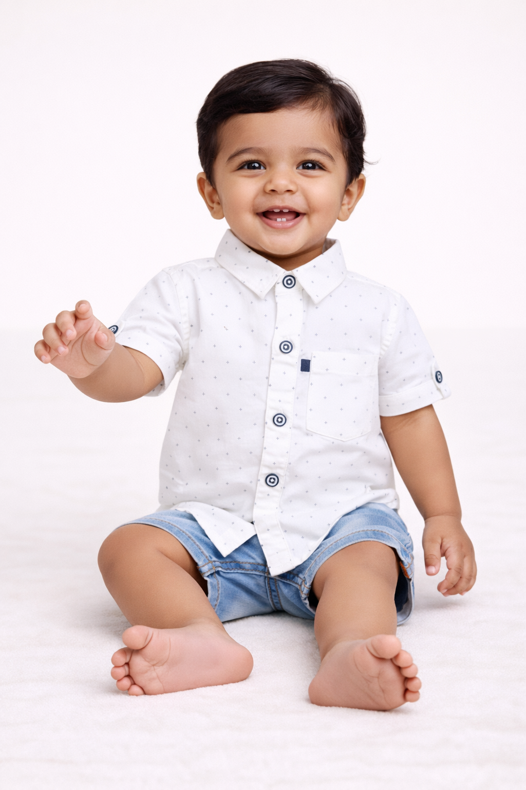 Boys White Polka Dot Cotton Shirt (Half Sleeve)