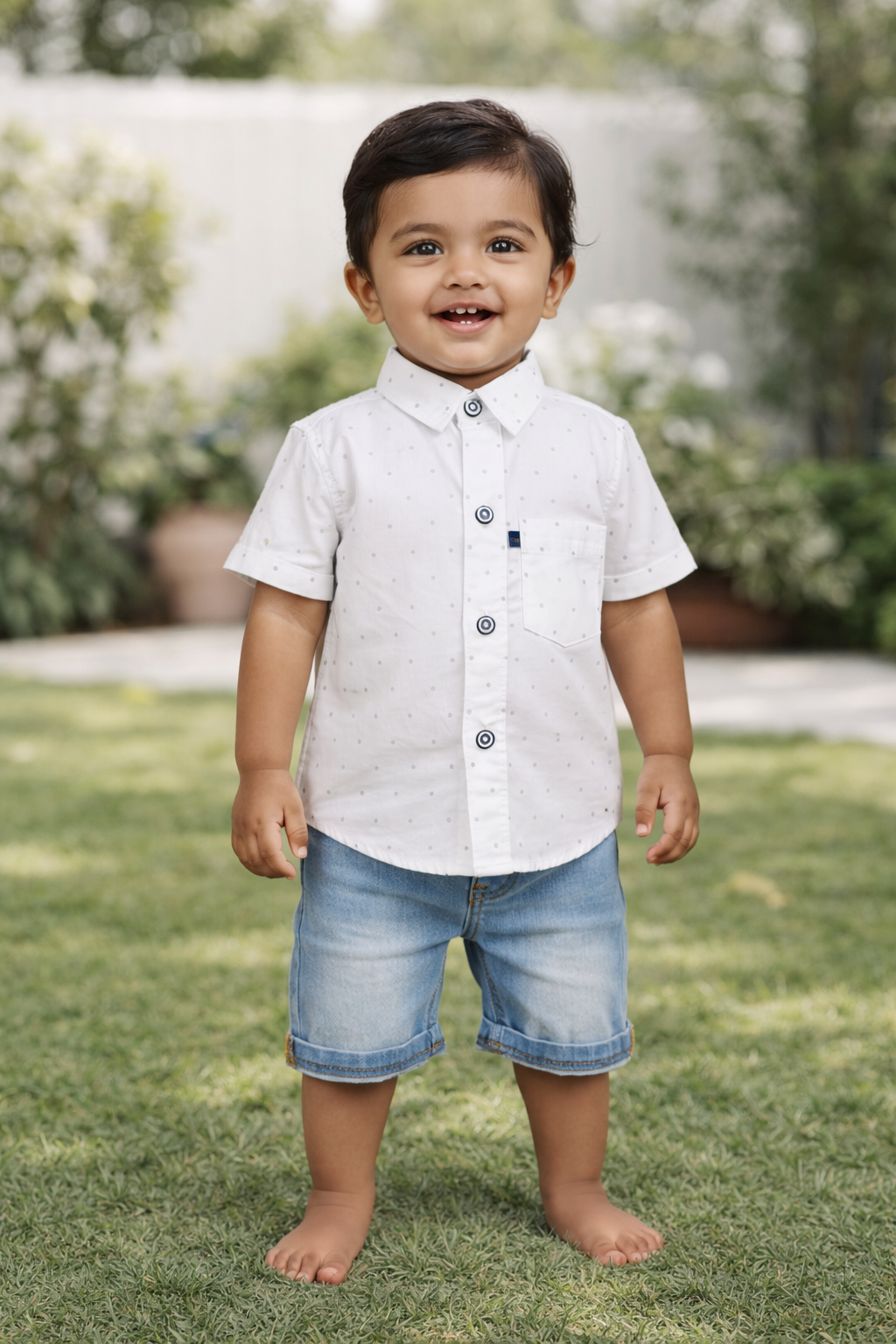 Boys White Polka Dot Cotton Shirt (Half Sleeve)