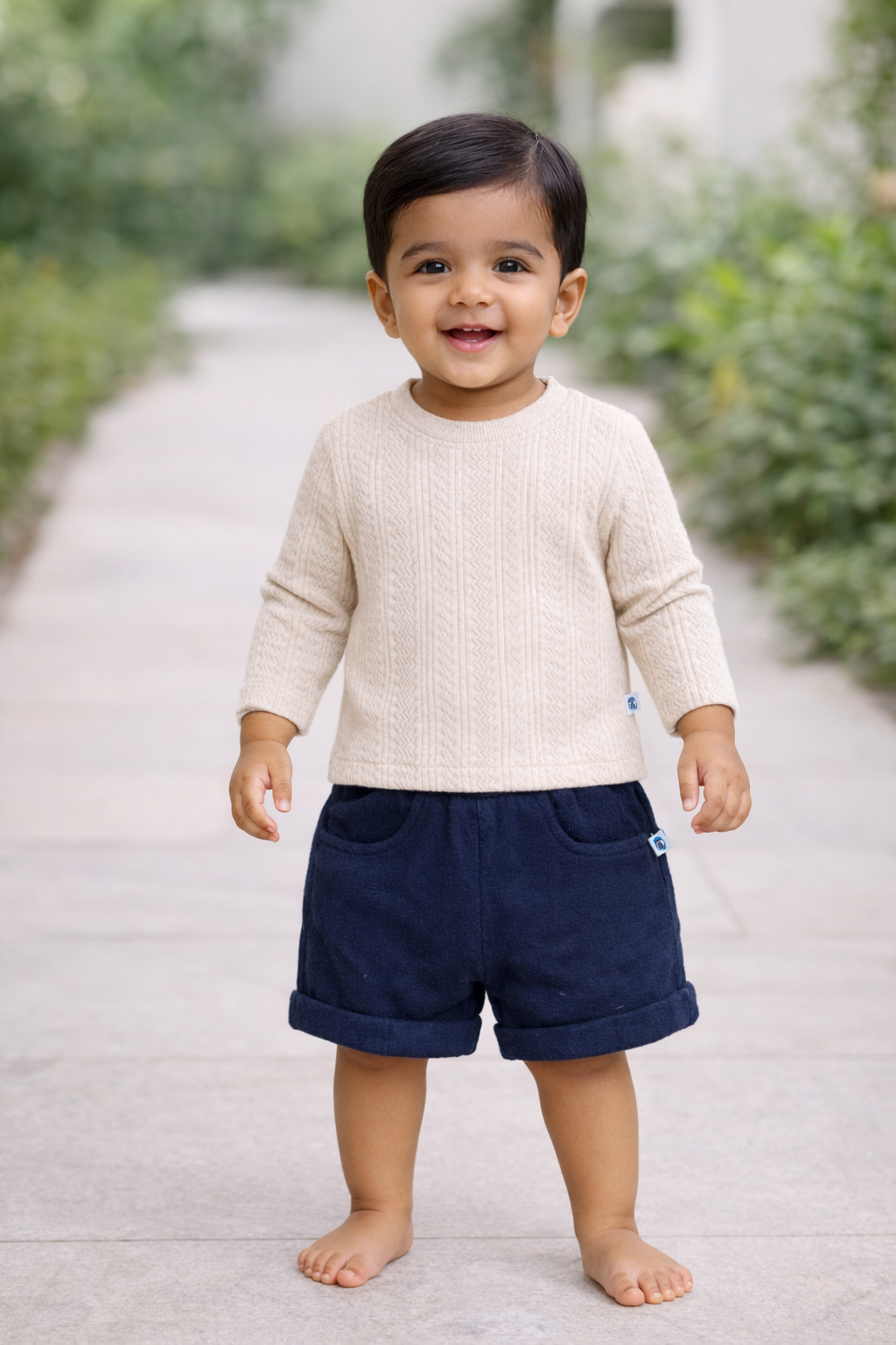 Boys White Full Sleeve Shirt & Navy Shorts Set