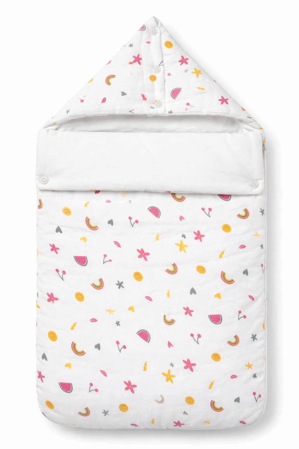 Baby Carry Nest Muslin Sleeping Bag with Hood – White Fruits