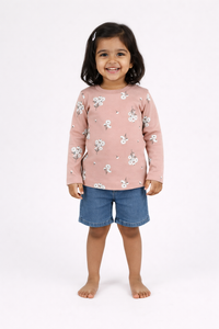 Girls Blush Pink Floral Full Sleeve Cotton T-Shirt