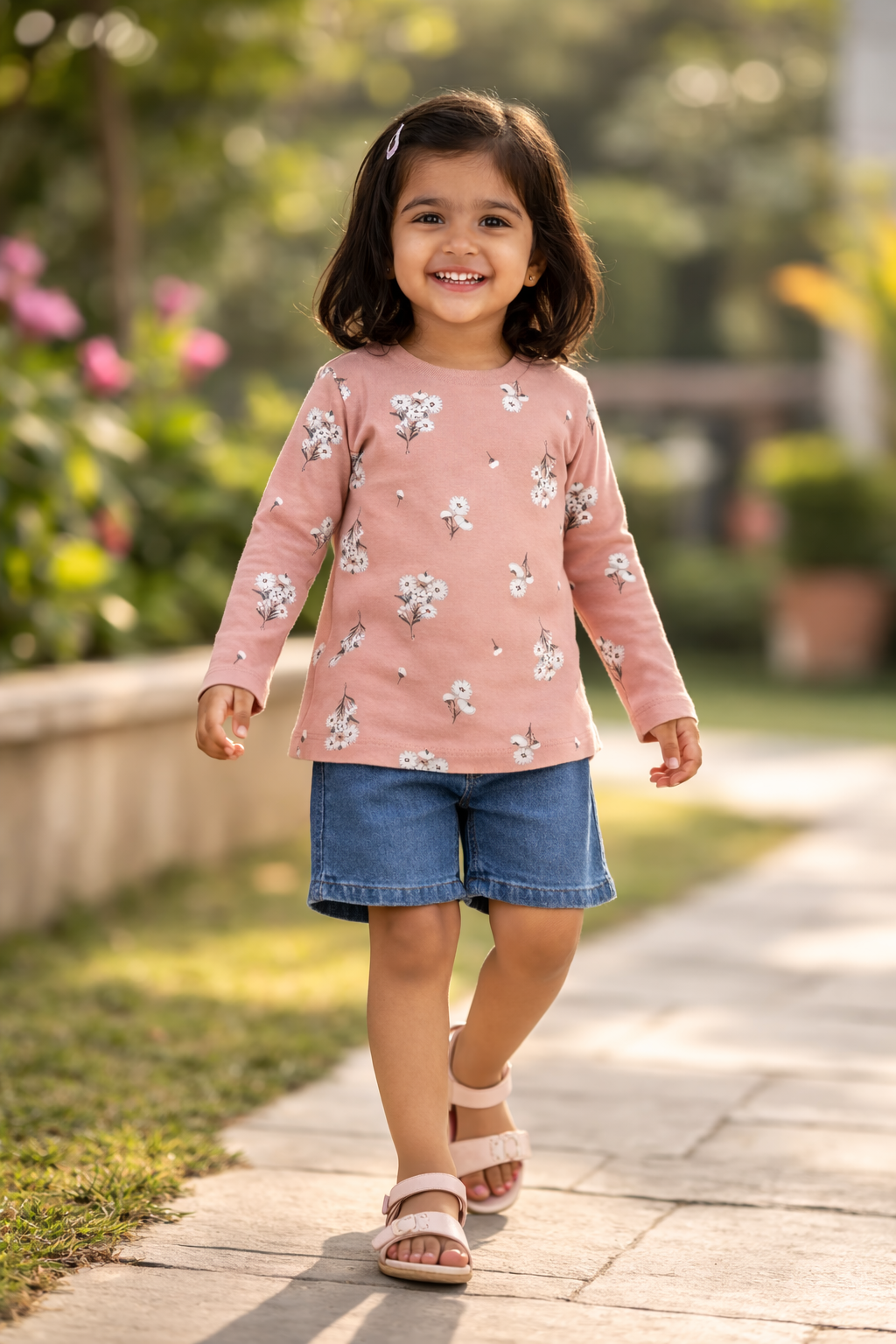 Girls Blush Pink Floral Full Sleeve Cotton T-Shirt