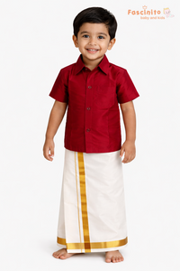Boys Dhoti Set – Red Silk Look Ethnic Wear with Zari Border