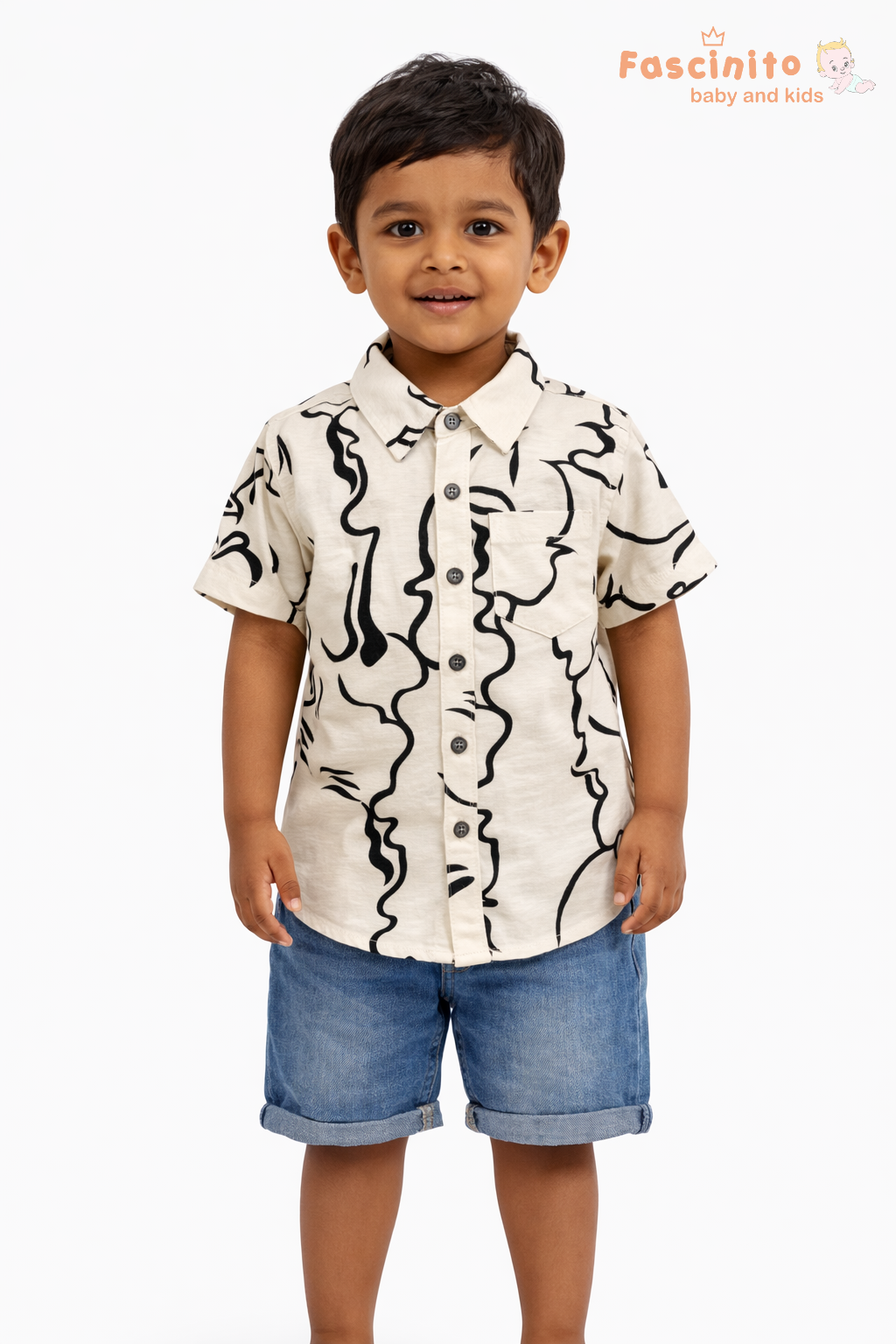 Boys Abstract Print Shirt – Beige & Black Short Sleeve Casual Shirt