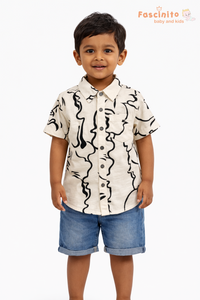 Boys Abstract Print Shirt – Beige & Black Short Sleeve Casual Shirt