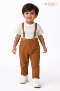Boys Suspender Set – Grey Check T-Shirt with Brown Pants Outfit