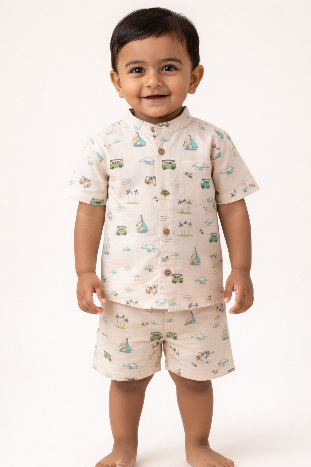 Boys Light Brown Printed Cotton Co-Ord Set