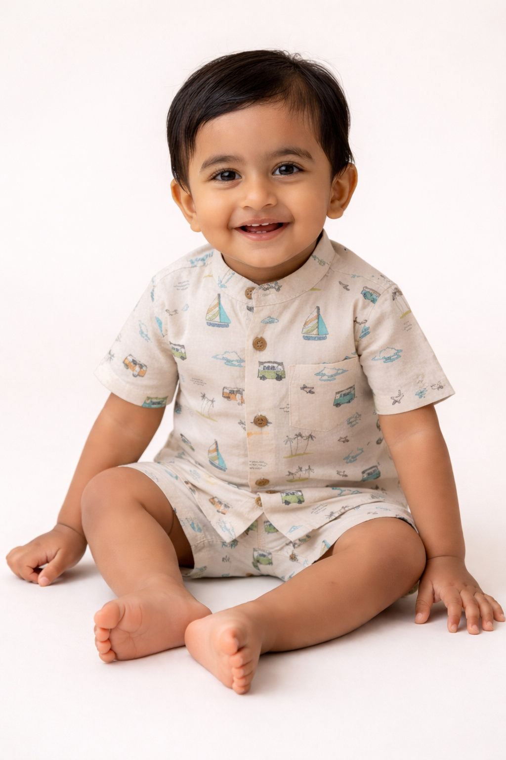 Boys Light Brown Printed Cotton Co-Ord Set