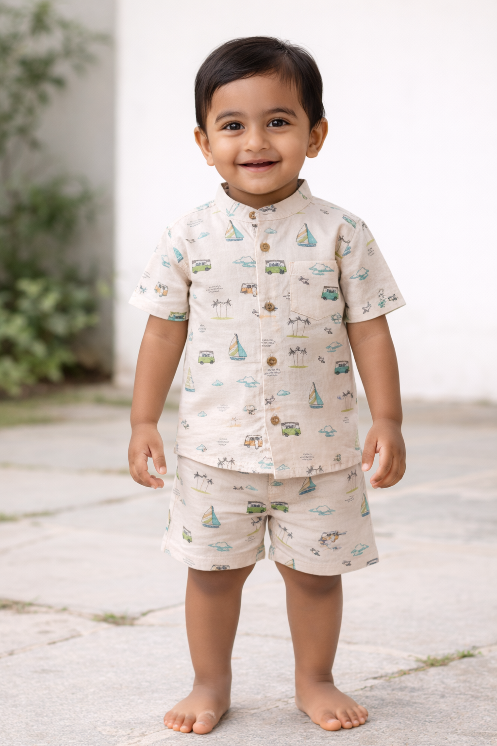 Boys Light Brown Printed Cotton Co-Ord Set