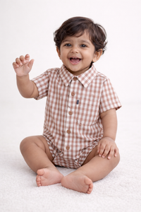 Classic Gingham Brown & White Baby Cotton Playsuit