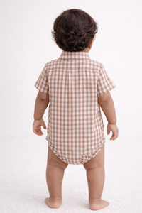 Classic Gingham Brown & White Baby Cotton Playsuit