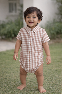 Classic Gingham Brown & White Baby Cotton Playsuit