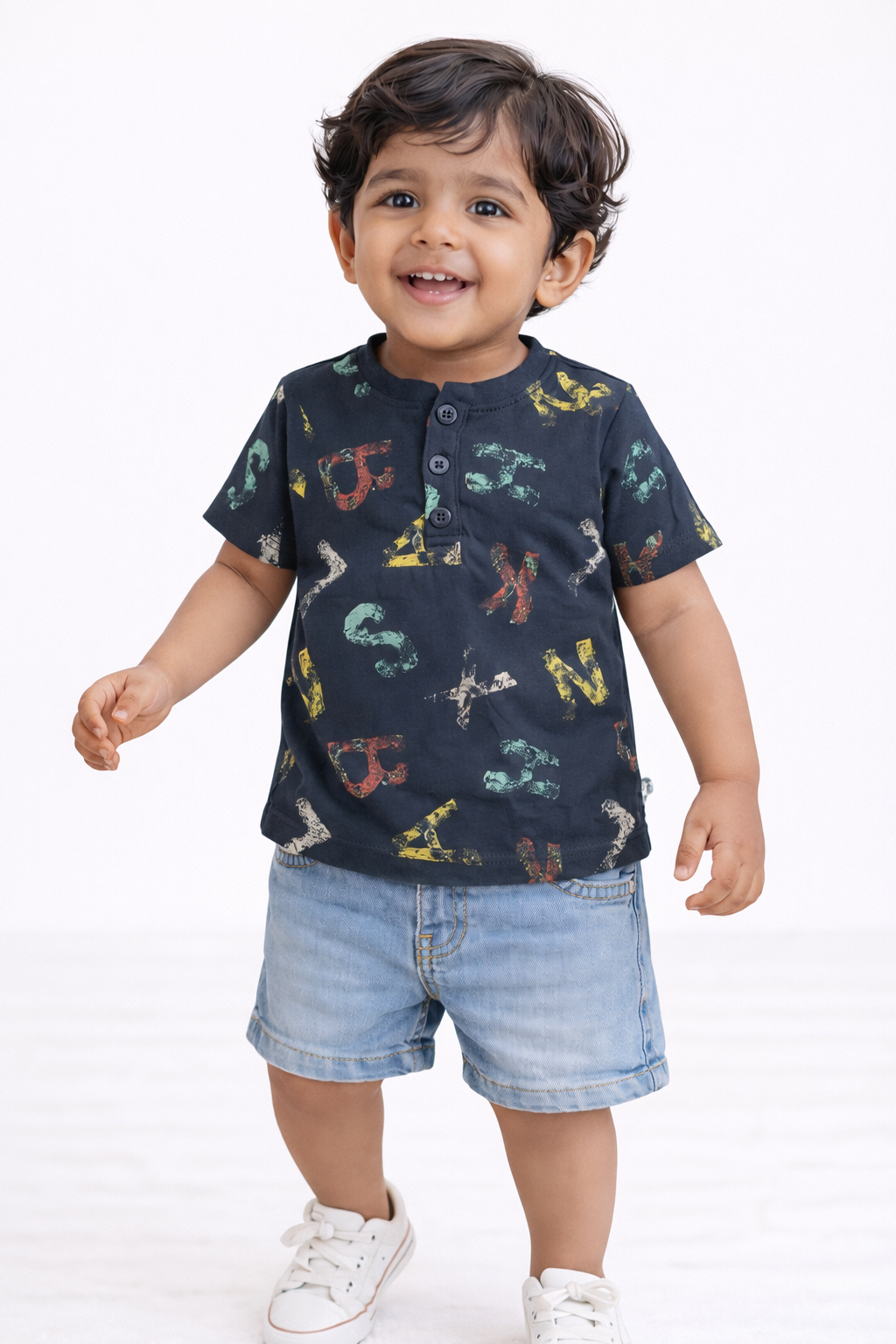 Boys Navy Blue Henley Typographic Print T-Shirt