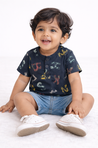 Boys Navy Blue Henley Typographic Print T-Shirt