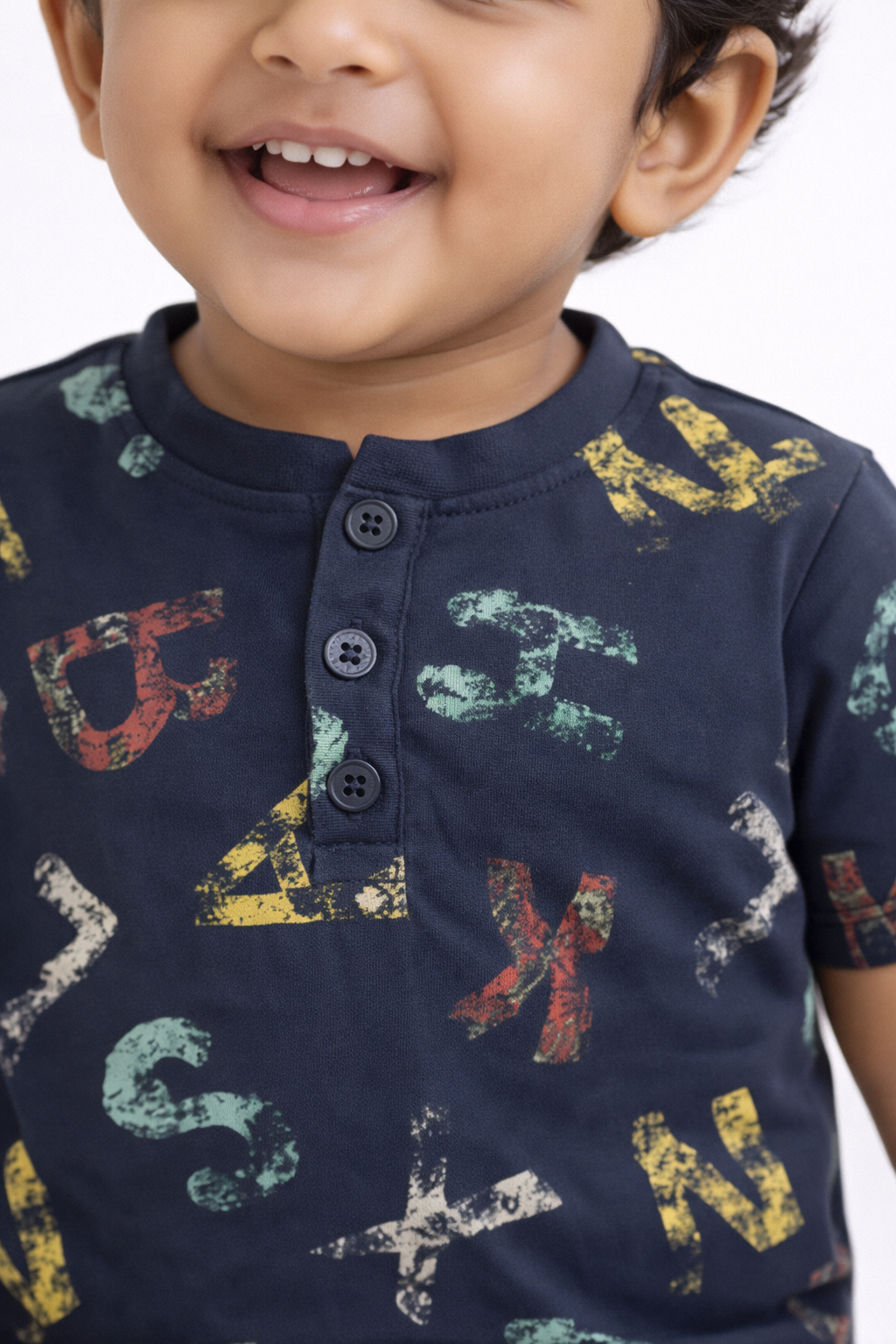 Boys Navy Blue Henley Typographic Print T-Shirt