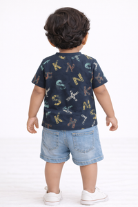 Boys Navy Blue Henley Typographic Print T-Shirt