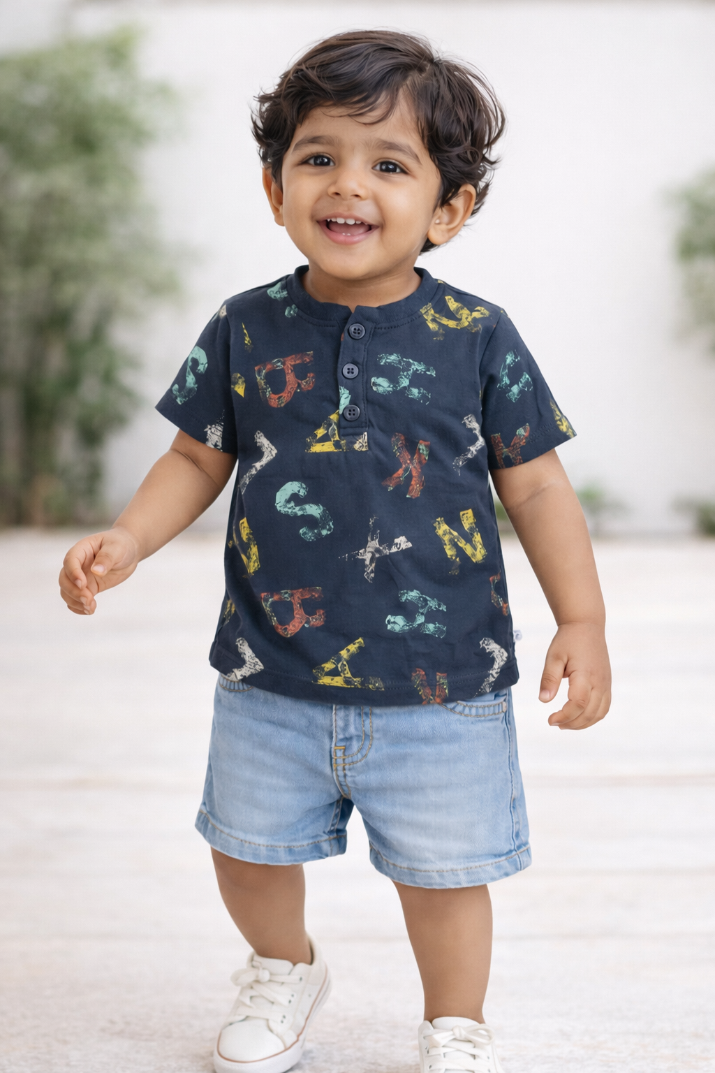 Boys Navy Blue Henley Typographic Print T-Shirt