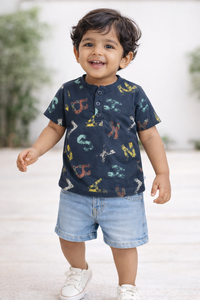 Boys Navy Blue Henley Typographic Print T-Shirt