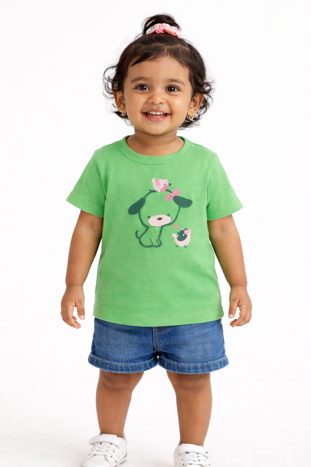 Girls Green Cute Animal Print Cotton T-Shirt