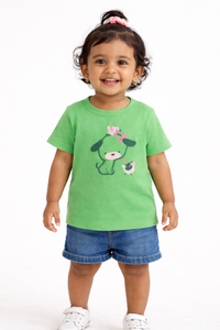 Girls Green Cute Animal Print Cotton T-Shirt