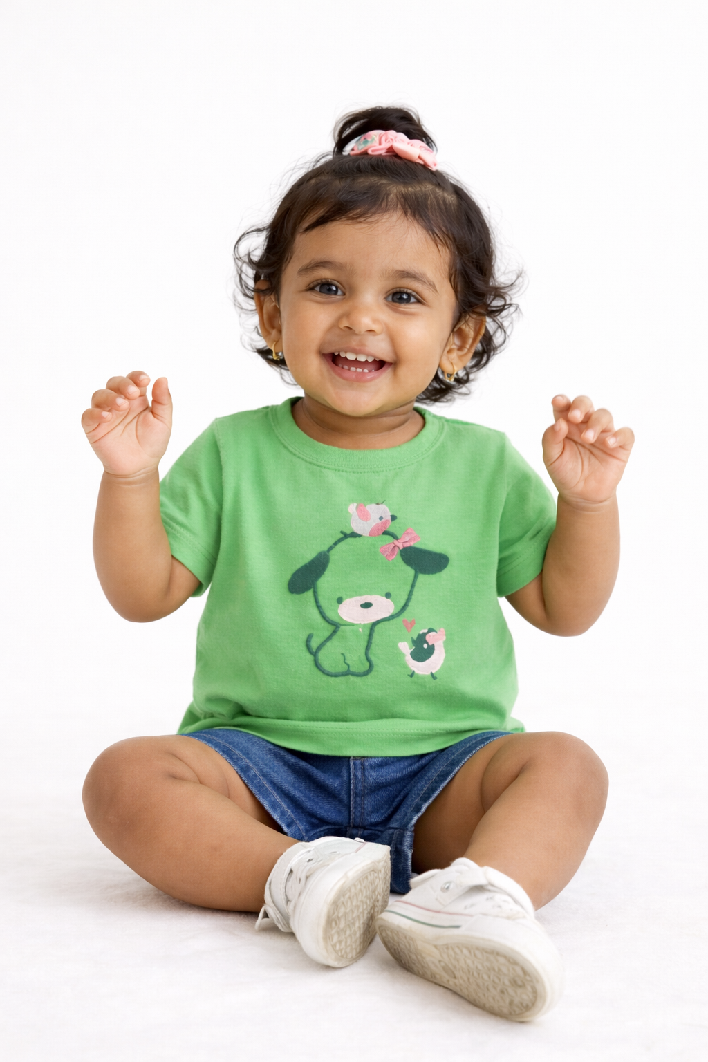 Girls Green Cute Animal Print Cotton T-Shirt