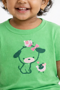 Girls Green Cute Animal Print Cotton T-Shirt