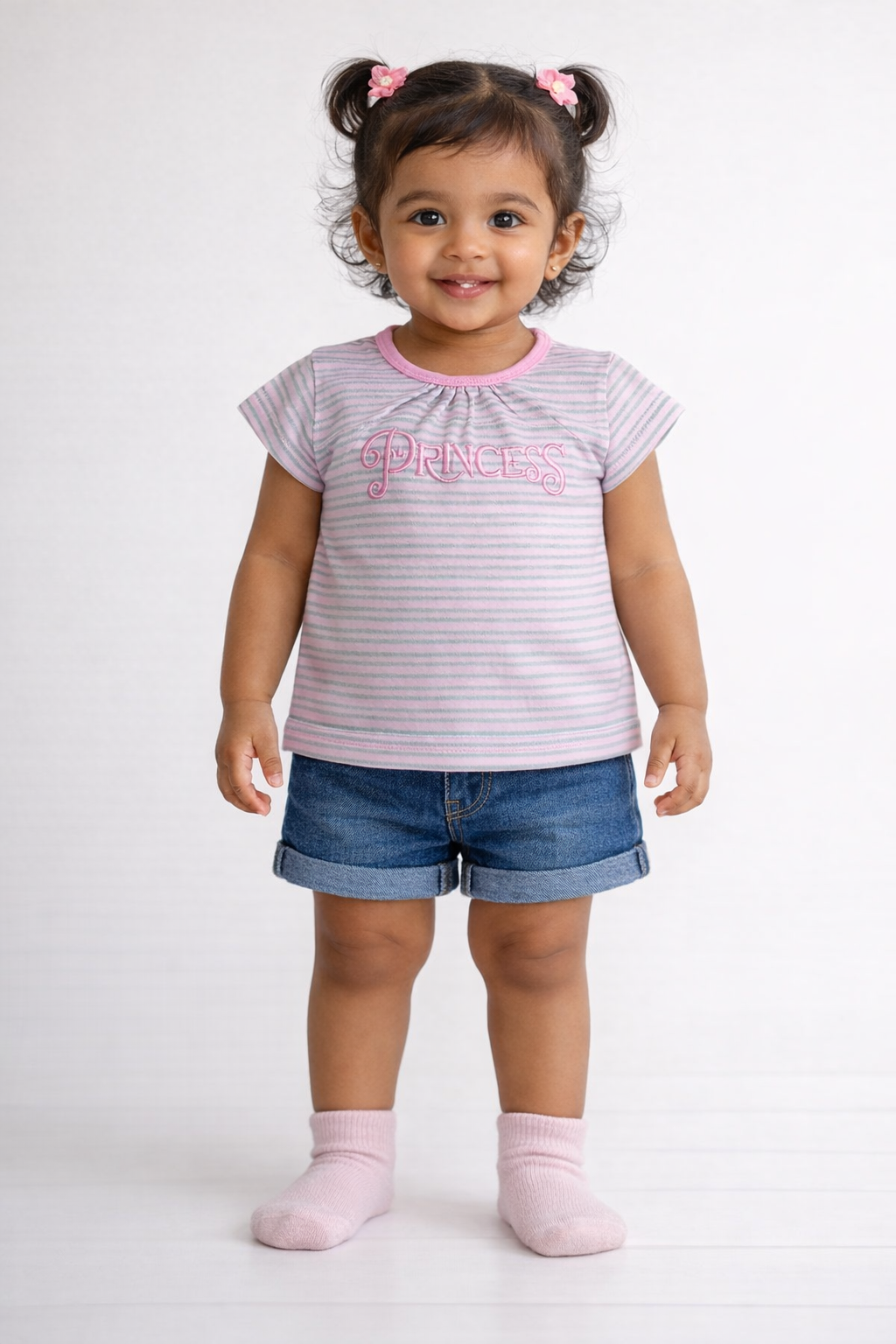 Girls Pink Princess Embroidered Stripe Cotton T-Shirt - FREE