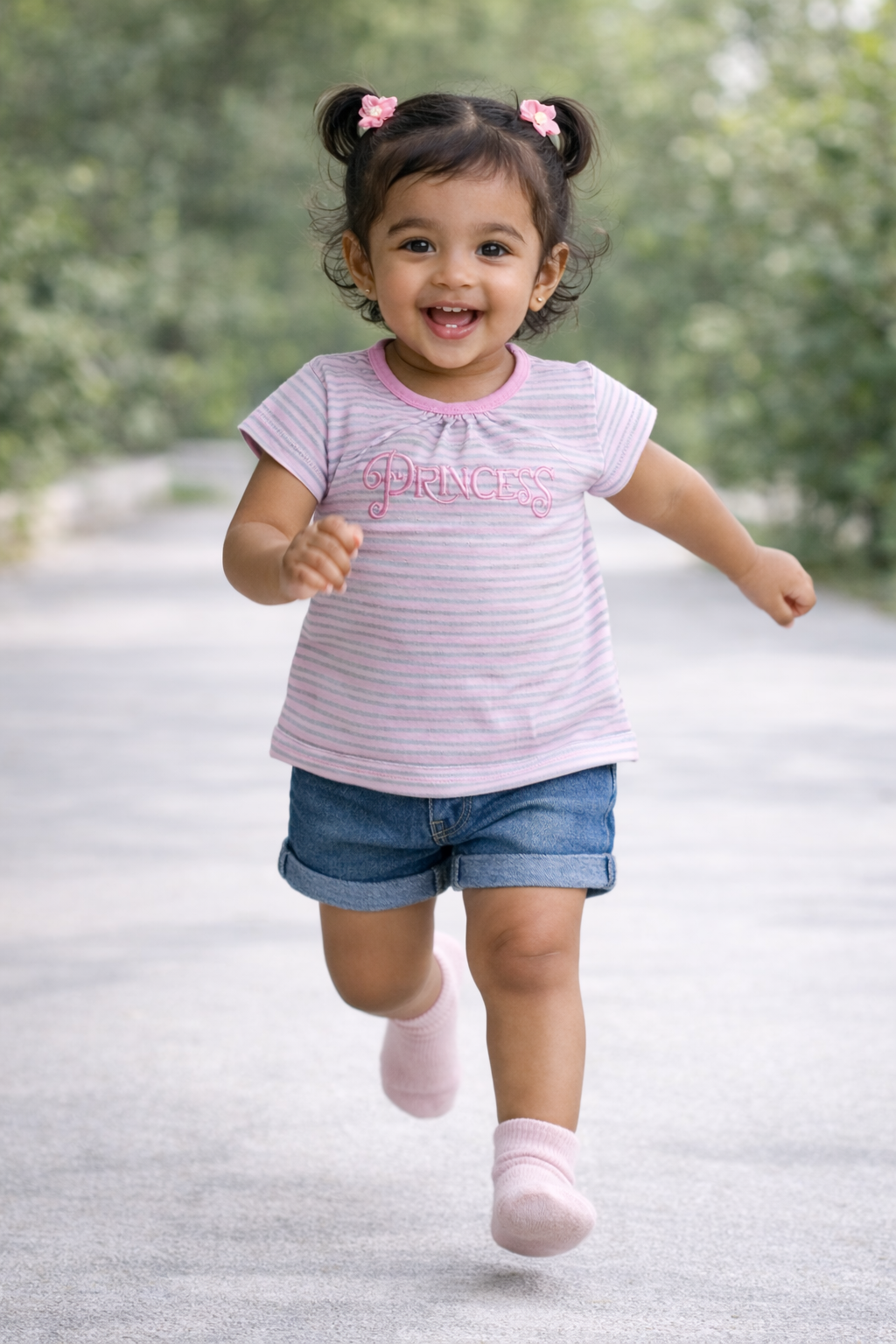 Girls Pink Princess Embroidered Stripe Cotton T-Shirt - FREE